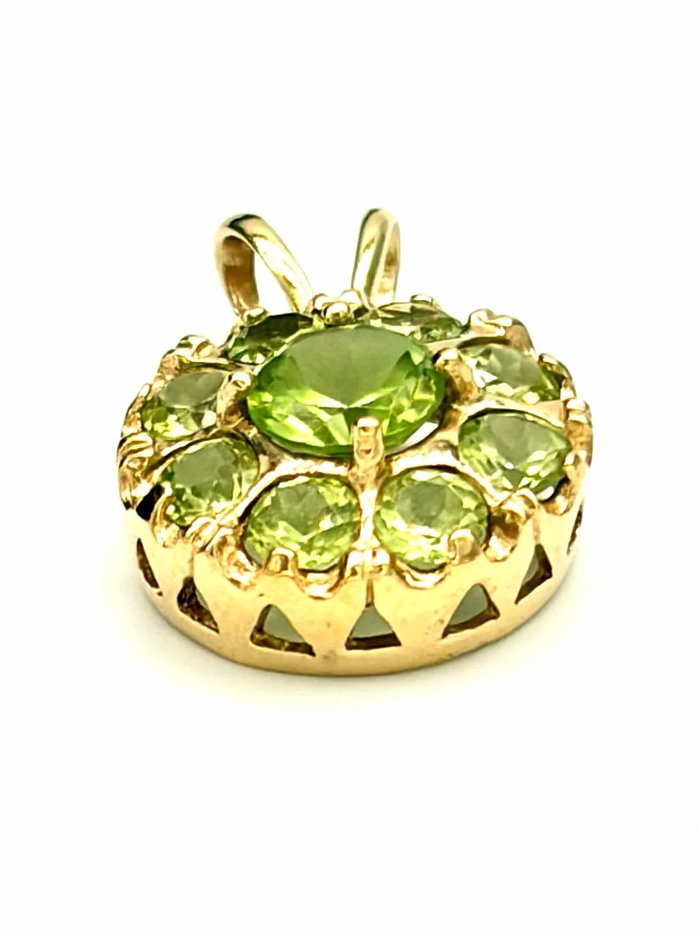 Solid 14k Gold Green Peridot Round Halo Pendant - Vintage Victorian Style